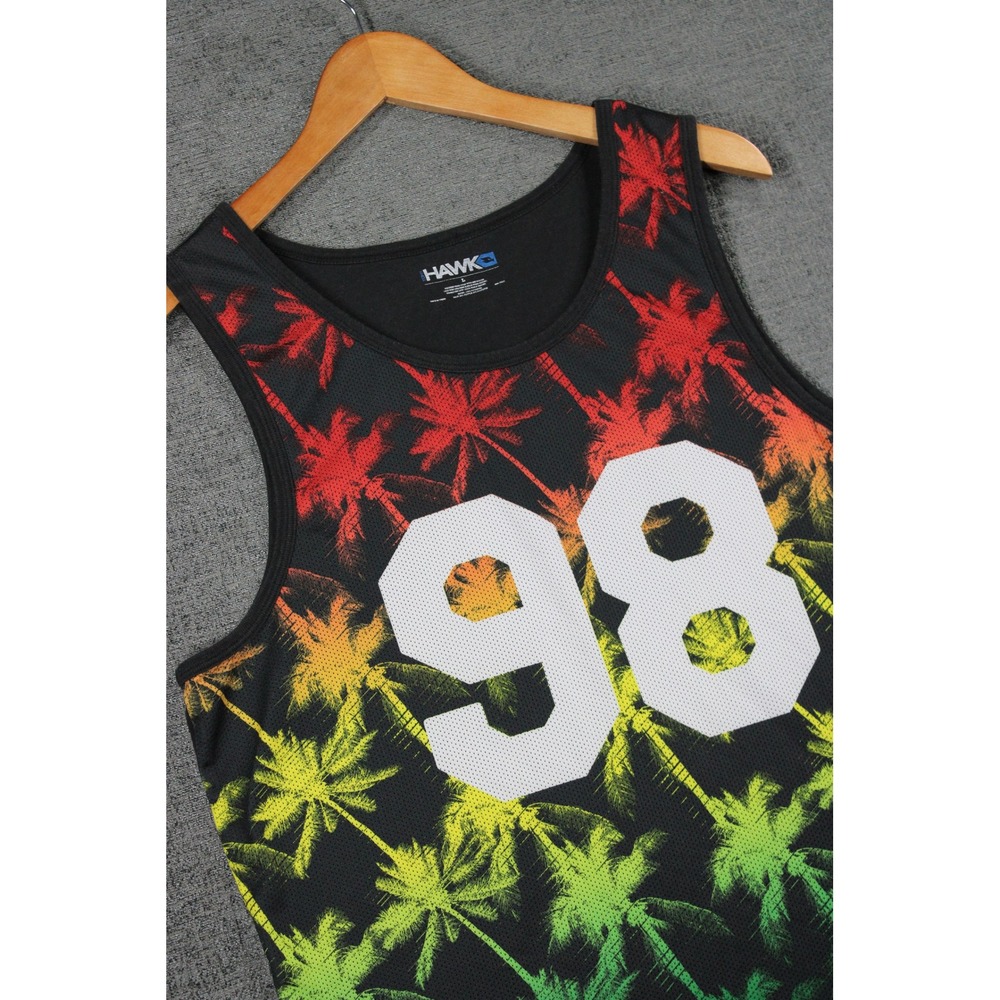 Tony Hawk Mens Mesh Tank Top Black Rasta Palm Tree 98 Graphic Jersey Large